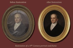 Art Conservation Example, Abbott Lawrence by G.P.A. Healy, Private Collection, Hamilton, MA 19th Century Painting and Frame Before and After Restoration