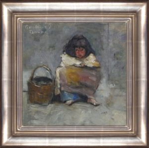 Yellow gold over blue clay picture frame, Little Girl with Basket by Geraldine Millet