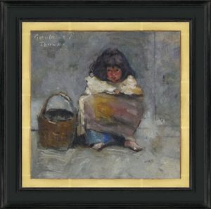 Dutch finish “cassetta” frame with yellow gold liner Little Girl with Basket by Geraldine Millet, oil on canvas