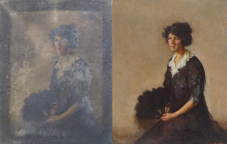 Fire damaged painting before and after restoration