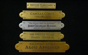 Engraved fine art nameplates, artist nameplates, nameplates for artwork, gilded