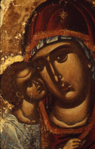 The uncovered 12th century icon of The Virgin Akathist, believed to have been prayed to by Father Sava, the founder of the monastery, at Hilandar Monastery, c. 1970
