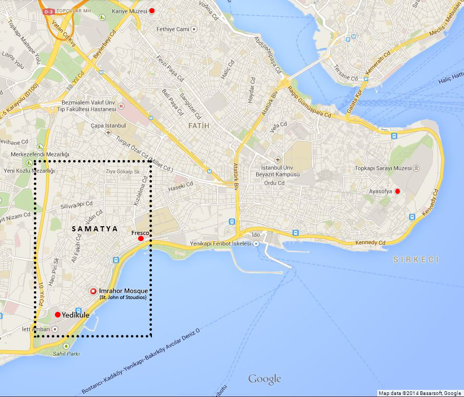Map of the Fatih district of Istanbul. The Samatya neighborhood is outlined. Courtesy of Google Maps, with additions by author.