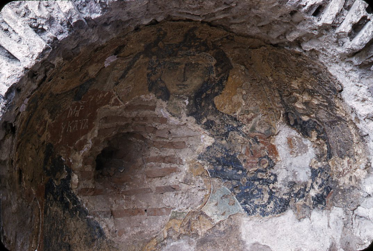 The Samatya fresco of the Virgin and Child in a small apse, before removal, 1957, photo by Carroll Wales 