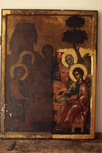 Documentation of the cleaning progress of a 17th century icon of The Hospitality of Abraham, Hilandar Monastery, 1972