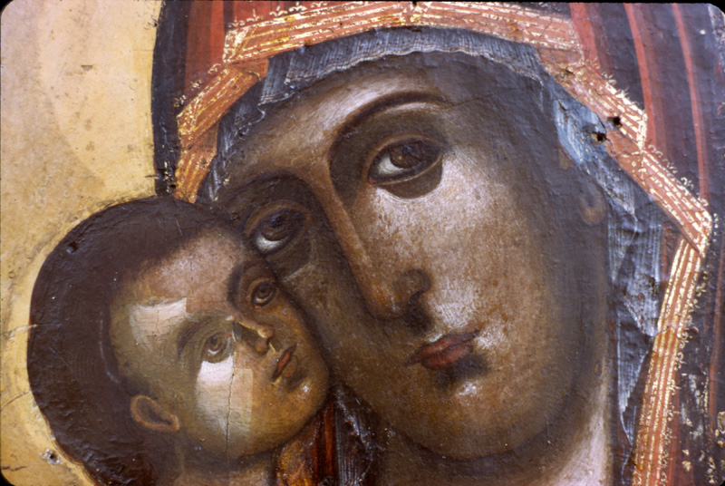 The 19th century painting before removal to uncover the 12th century icon of The Virgin Akathist beneath, at Hilandar Monastery, c. 1970
