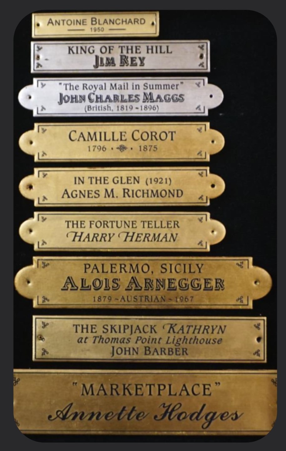 Engraved fine art nameplates, artist nameplates, nameplates for artwork, gilded 